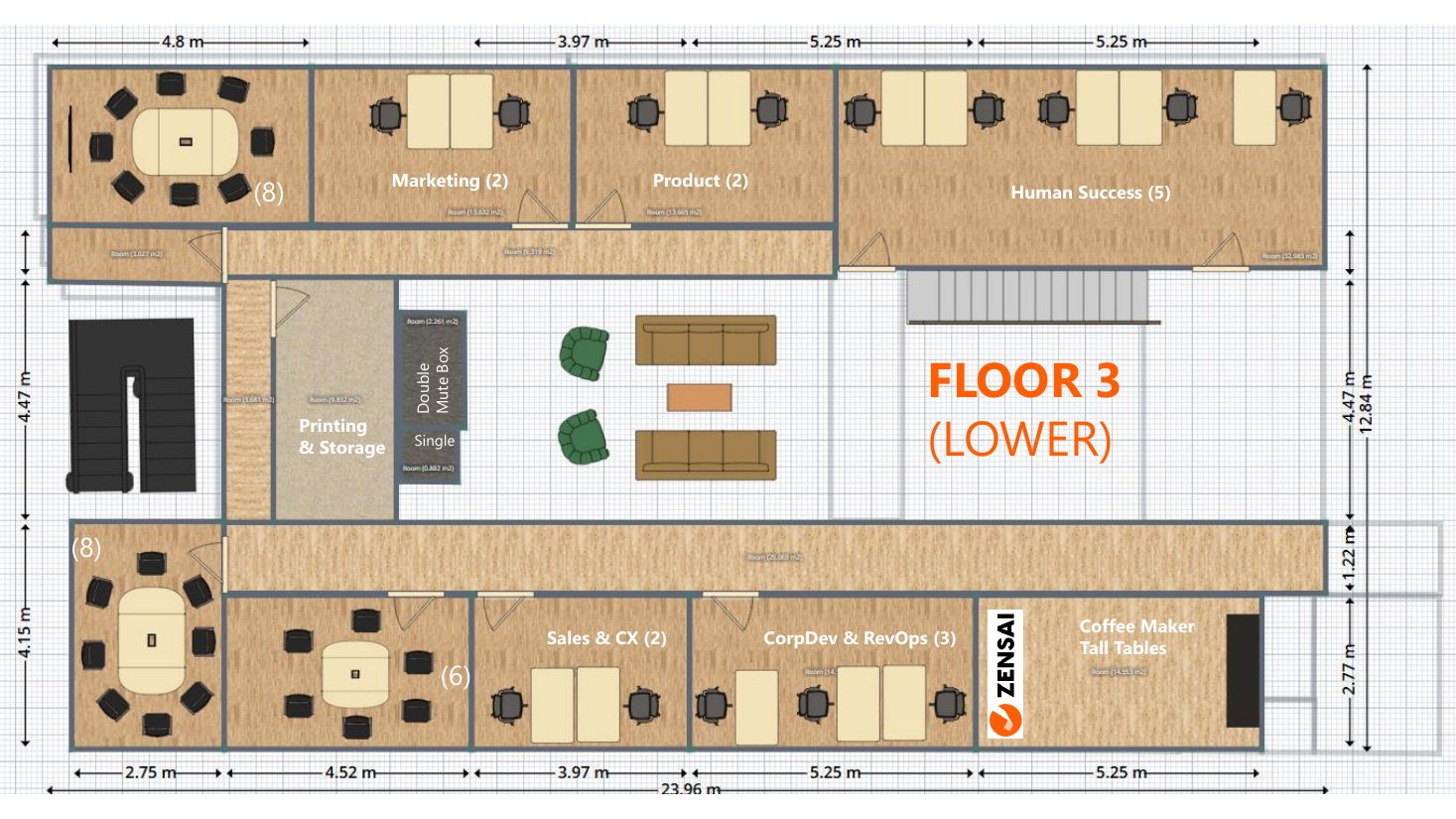 Details & floor plans: Floor 3 (lower) plan with zoning and headcount