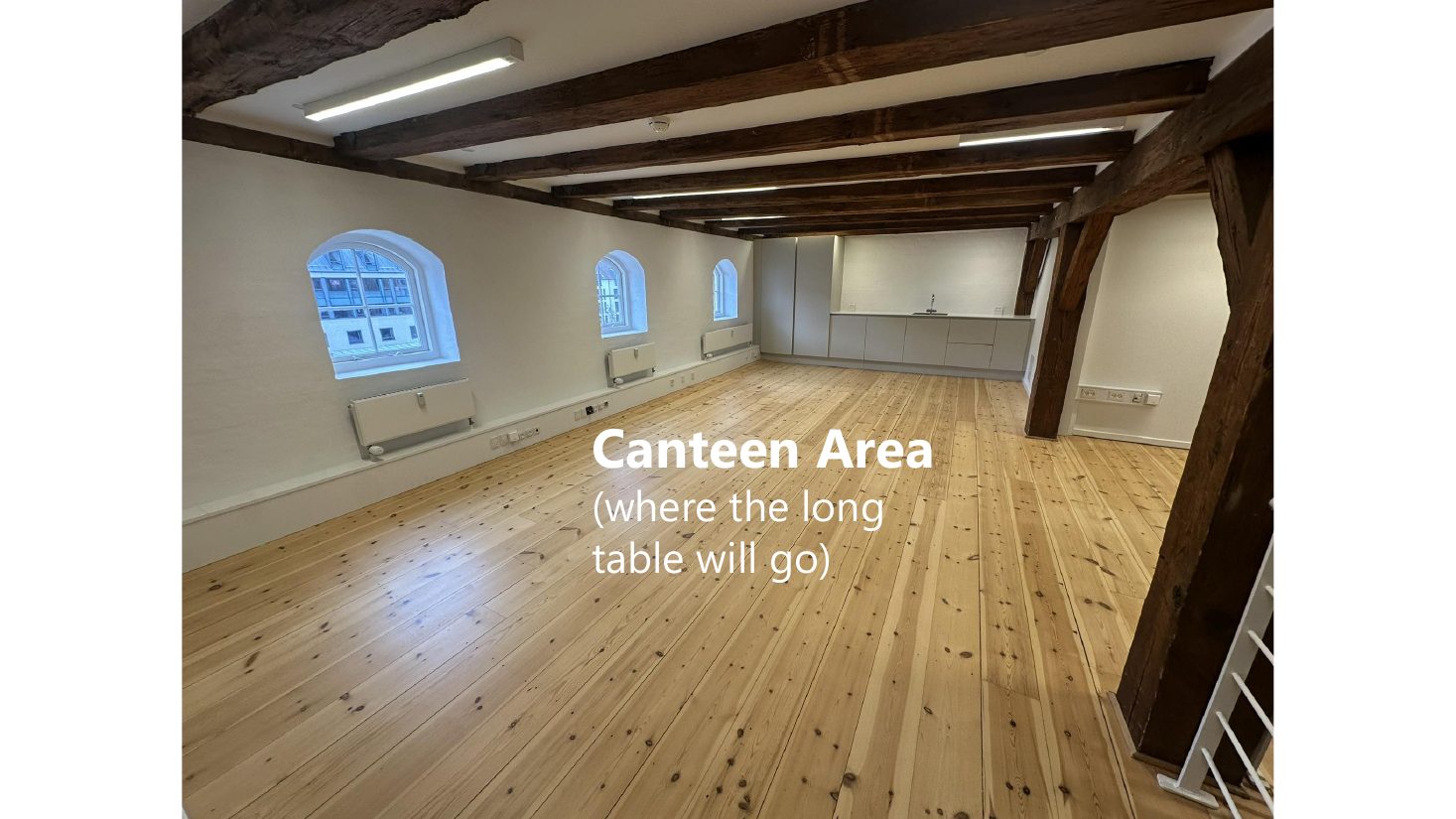 Unfurnished interior: Canteen area, where the long table goes