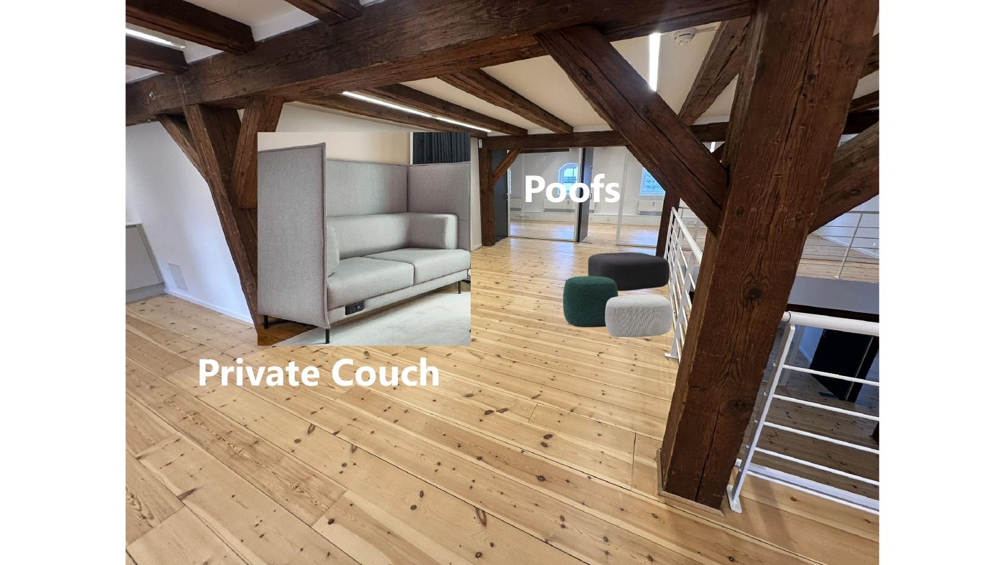 Unfurnished interior: Private couch and poof area