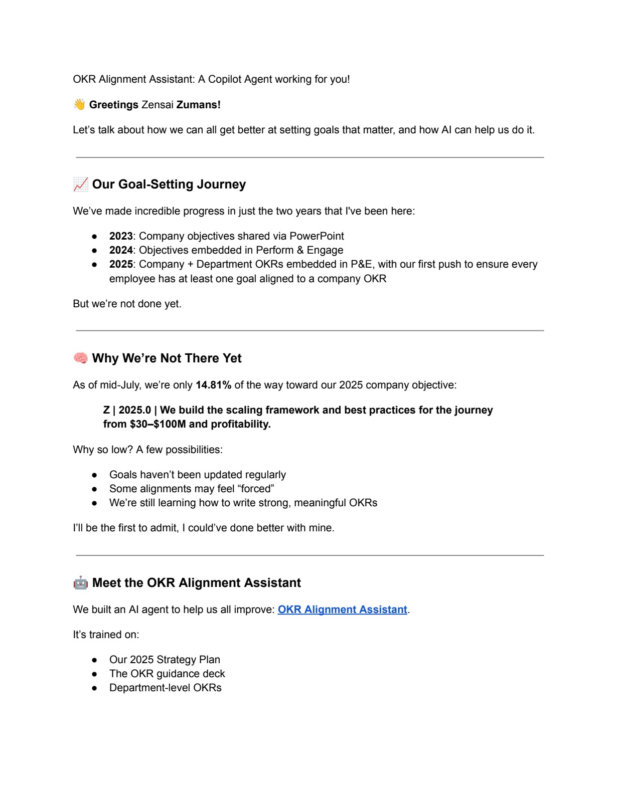 OKR Alignment Assistant intro screen
